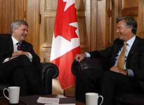  “Canada's Prime Minister Stephen Harper (L) shares a laugh with former Manitoba Premier Gary Doer during a meeting in Harper's office on Parliament Hill in Ottawa August 28, 2009. Conservative Prime Minister Stephen Harper has appointed Doer, a member of the left-leaning New Democratic Party, as Canada's ambassador to the United States.” (REUTERS/Chris Wattie). 
