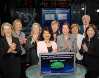 Beverly Topping and friends open the Toronto Stock Exchange, November 6, 2008. She is the lady in the grey suit, in the centre.