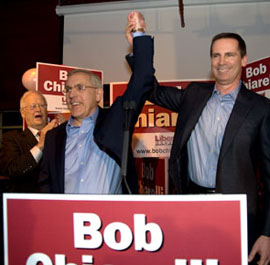 New MPP Bob Chiarelli (centre) is flanked by Ontario Premier Dalton Mcguinty (right) and Glengarry, Prescott, and Russell MPP Jean-Marc Lalonde. Photograph by: David Gonczol , The Ottawa Citizen. 