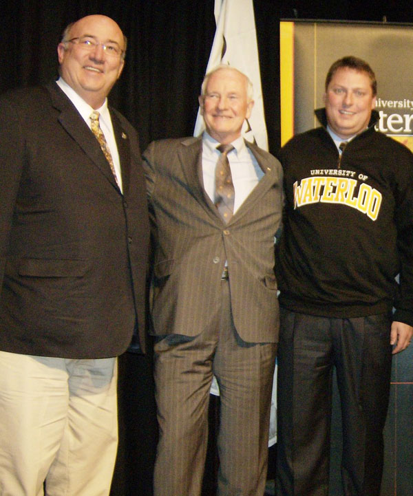 Dr. David Johnston, President, University of Waterloo (centre) with Gary Schellenberger, (Conservative) MP, Perth-Wellington (l) and  Dan Mathieson, Mayor of the City of Stratford, Ontario (r) – at announcement of investment to help University of Waterloo create a new Stratford campus, spring 2008. 